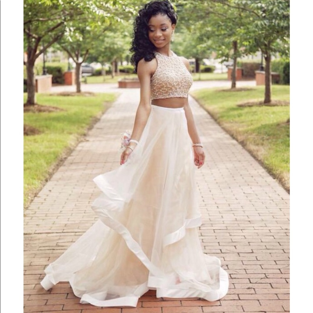 Two Piece Beaded Prom Crop Top and Illusion Skirt - Picture 4 of 8